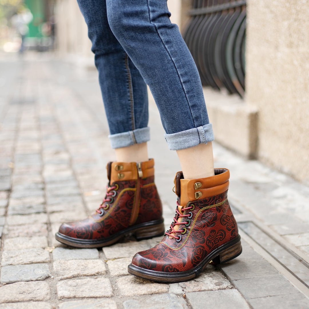 Women's Retro Reddish Leather Ankle Boots - Trendiesty Worldwide