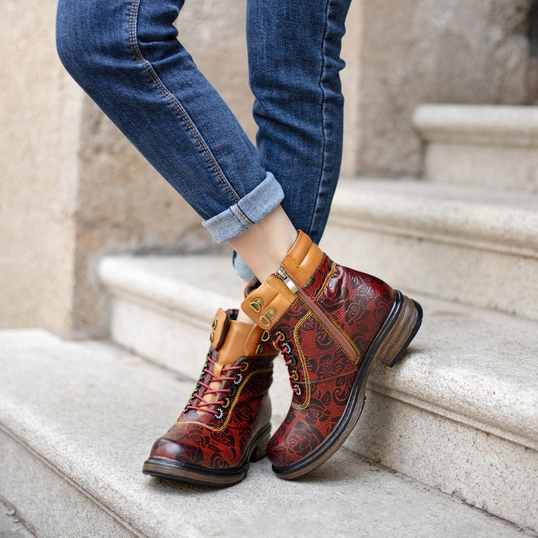 Women's Retro Reddish Leather Ankle Boots - Trendiesty Worldwide